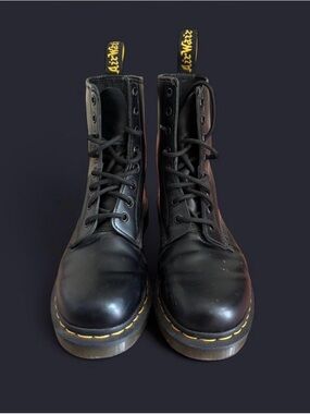 Dr. Martens Black Leather Lace-Up Boots with Yellow Stitching